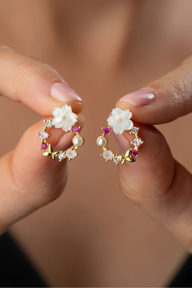 925 Ayar Gümüş Sedefli Model Çiçek Küpe