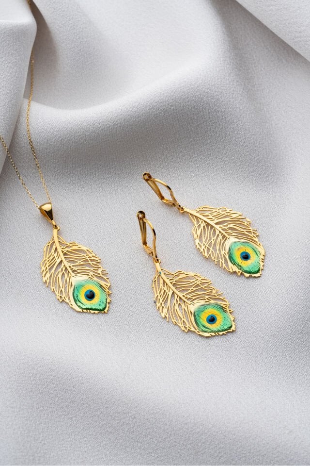 925 Ayar Gümüş Gold Tüy Takı (Kolye-Küpe) Seti