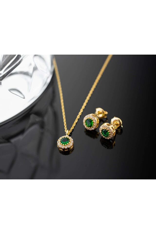 925 Ayar Gümüş Mayıs Ayı Doğum Taşı ( Emerald ) Kolye - Küpe Seti Gold - Tek Ebat