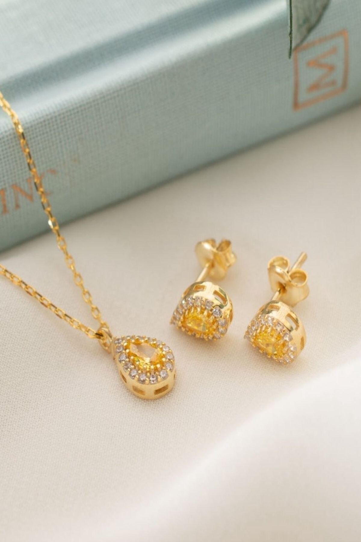925 Ayar Gümüş Kasım Ayı Doğum Taşı ( Citrine ) Damla Kolye Gold - Tek Ebat