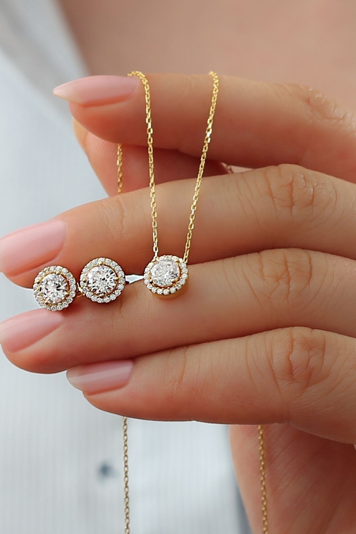 925 Ayar Gümüş Pırlanta Model Kolye Küpe Seti Gold - Tek Ebat