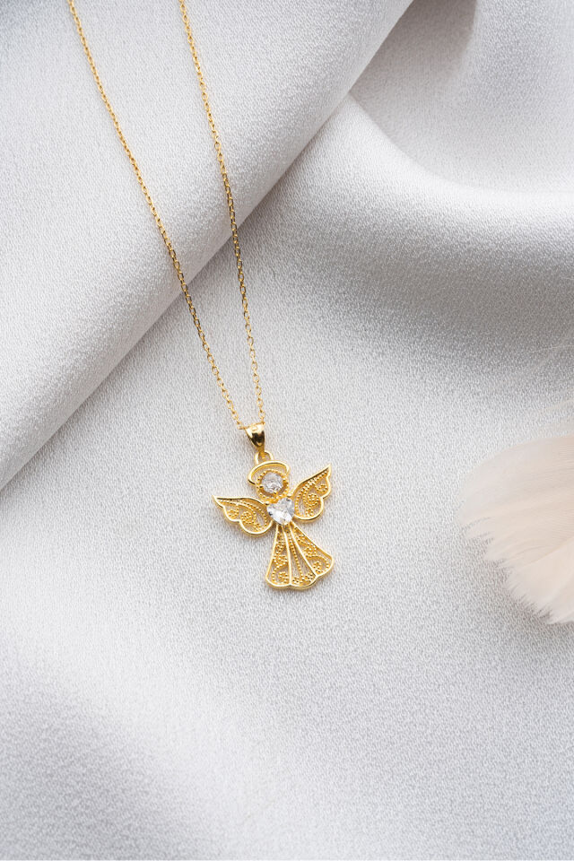 925 Ayar Gümüş Gold Işıklı Kutu Kalp Tektaş Melek Kolye