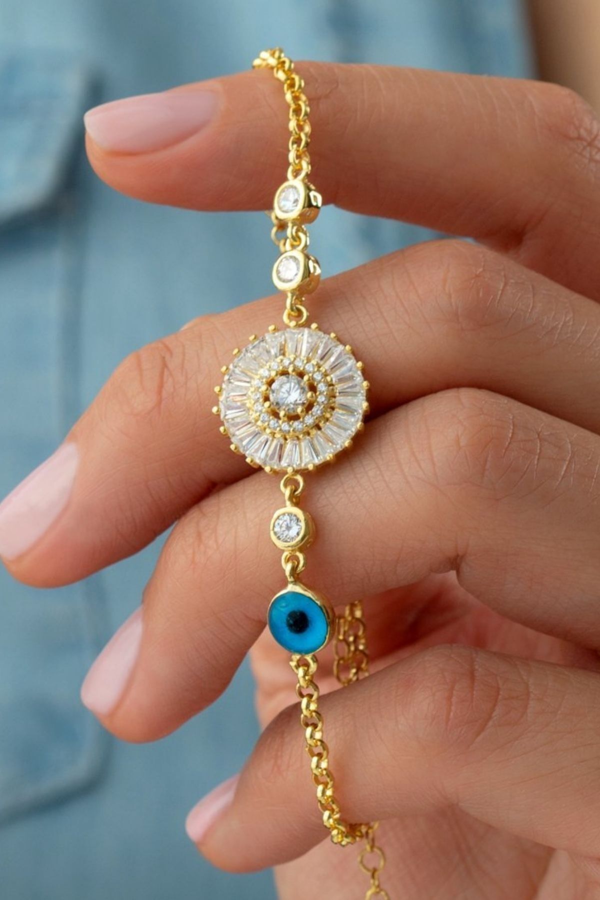 925 Ayar Gümüş Baget Taşlı Nazarlı Bileklik Gold - Tek Ebat