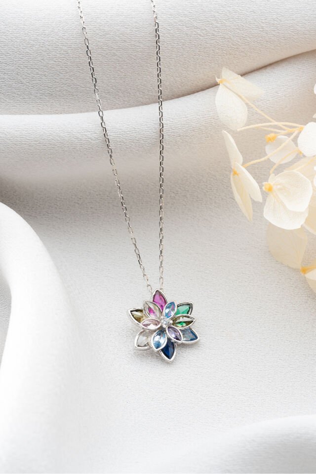 925 Ayar Gümüş Işıklı Kutu Renkli Lotus Kolye