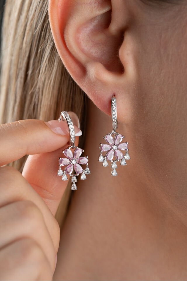 925 Ayar Gümüş Pembe Taşlı Lotus Küpe Beyaz