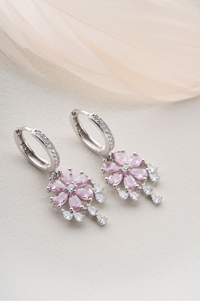 925 Ayar Gümüş Pembe Taşlı Lotus Küpe Beyaz