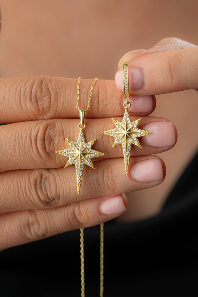 925 Ayar Gümüş Altın Kaplama Kutup Yıldızı Kolye Küpe Set