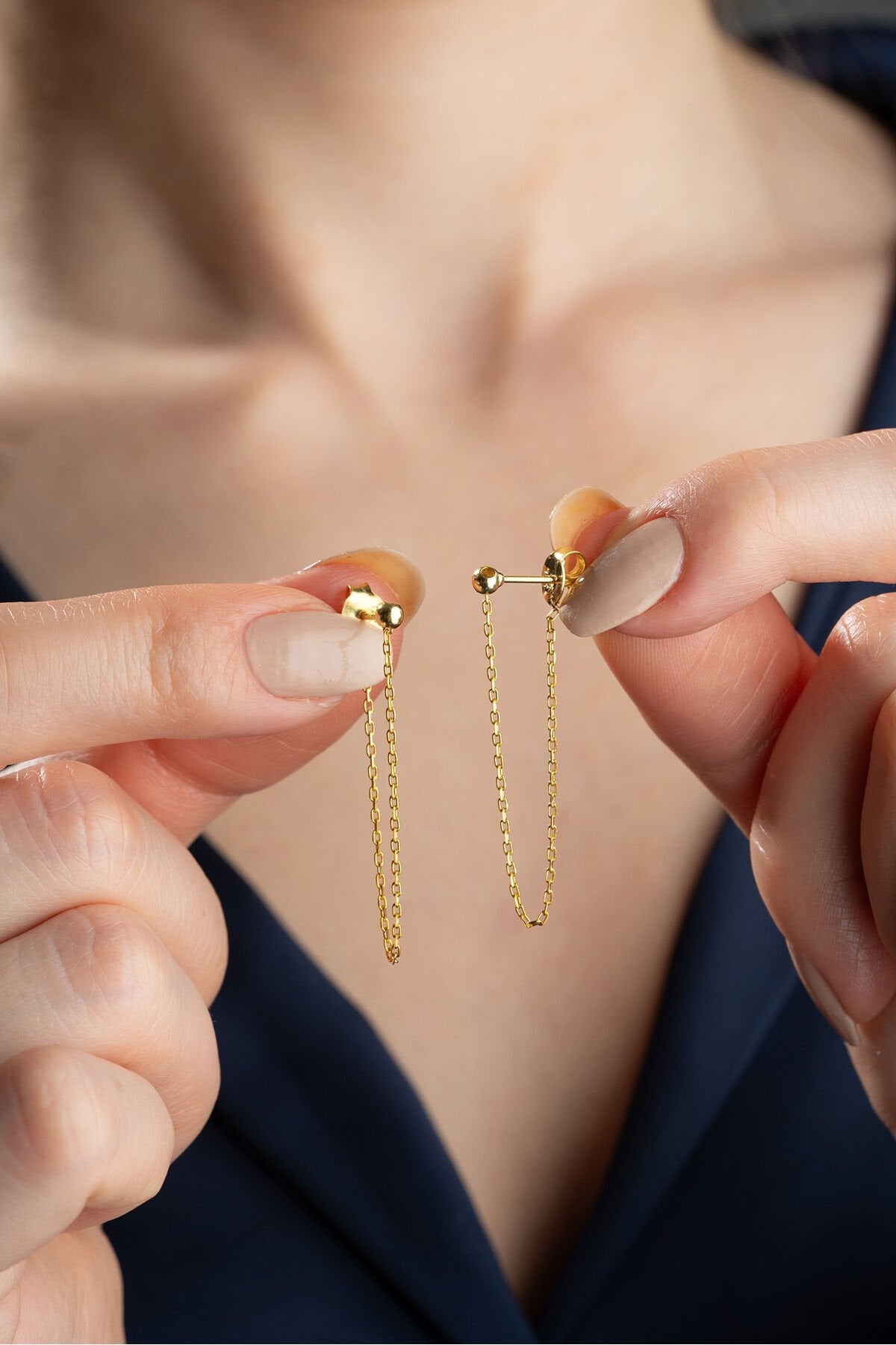 925 Ayar Gümüş Zincirli Top Küpe Gold - Tek Ebat
