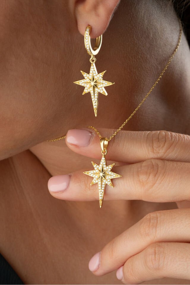 925 Ayar Gümüş Altın Kaplama Kutup Yıldızı Kolye Küpe Set