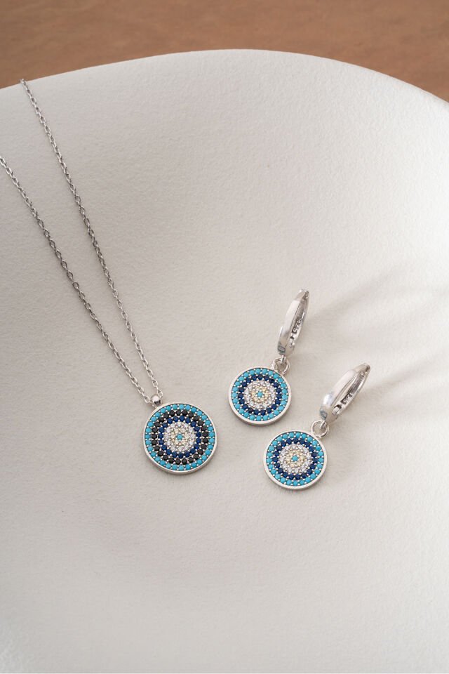 925 Ayar Gümüş Rodyum Kaplama Nazarlı Küpe Kolye Set