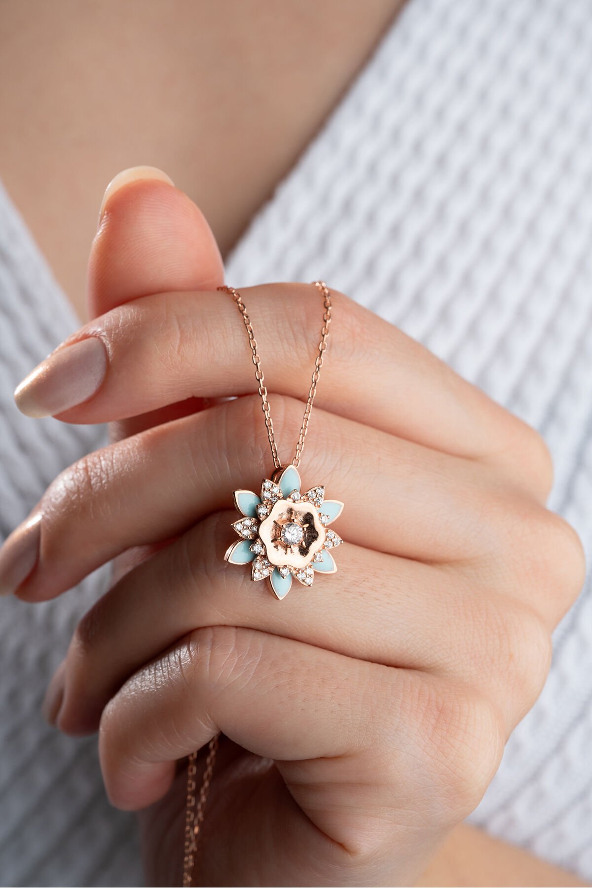 925 Ayar Gümüş Rose Mavi Mineli Lotus Kolye Rose - Tek Ebat