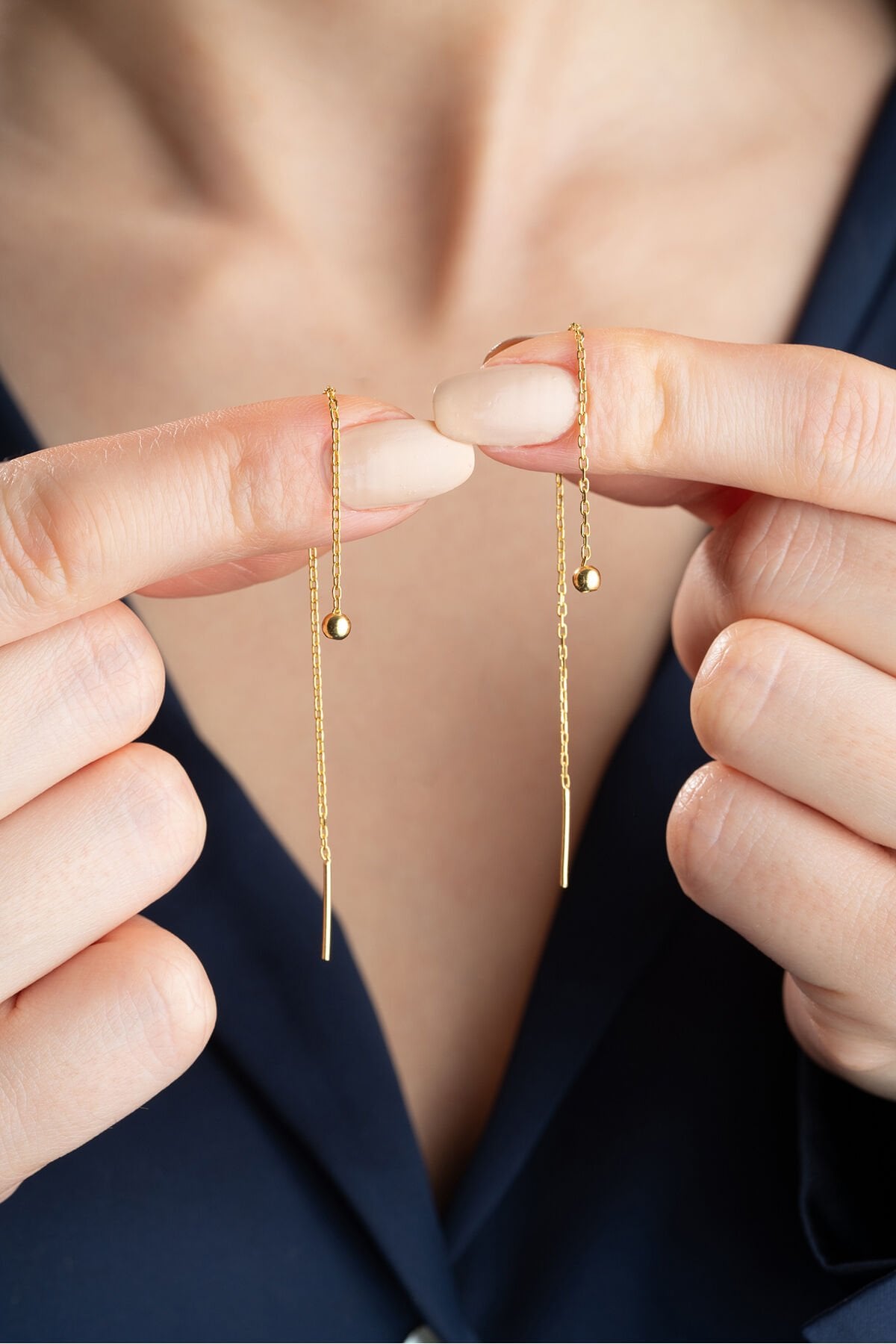 925 Ayar Gümüş Zincirli Top Küpe Gold - Tek Ebat