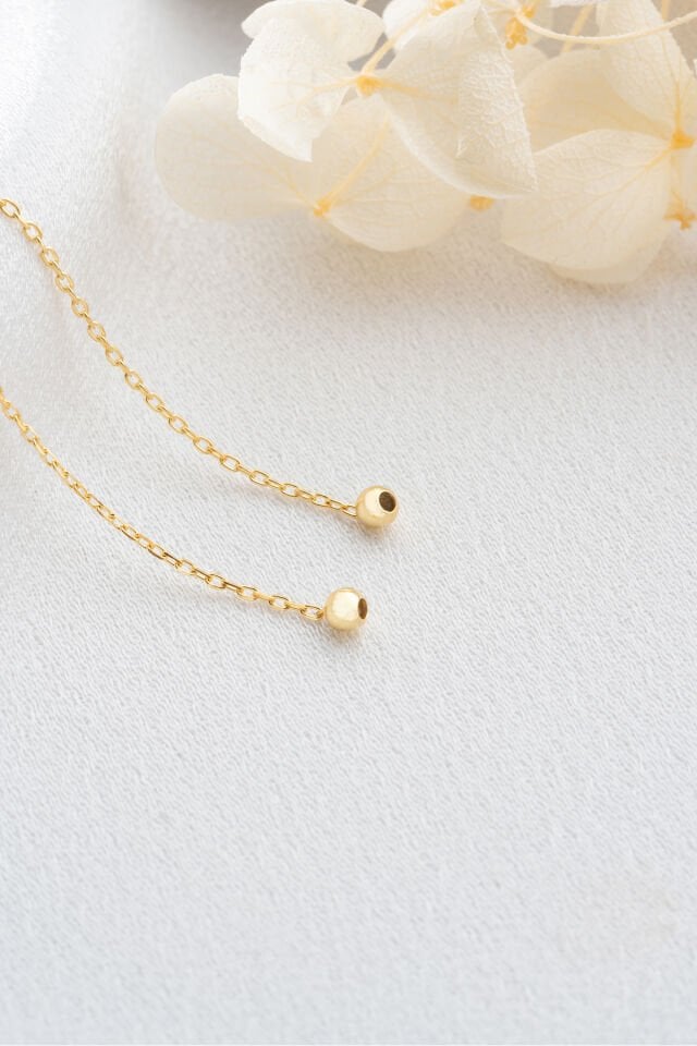 925 Ayar Gümüş Zincirli Top Küpe Gold - Tek Ebat