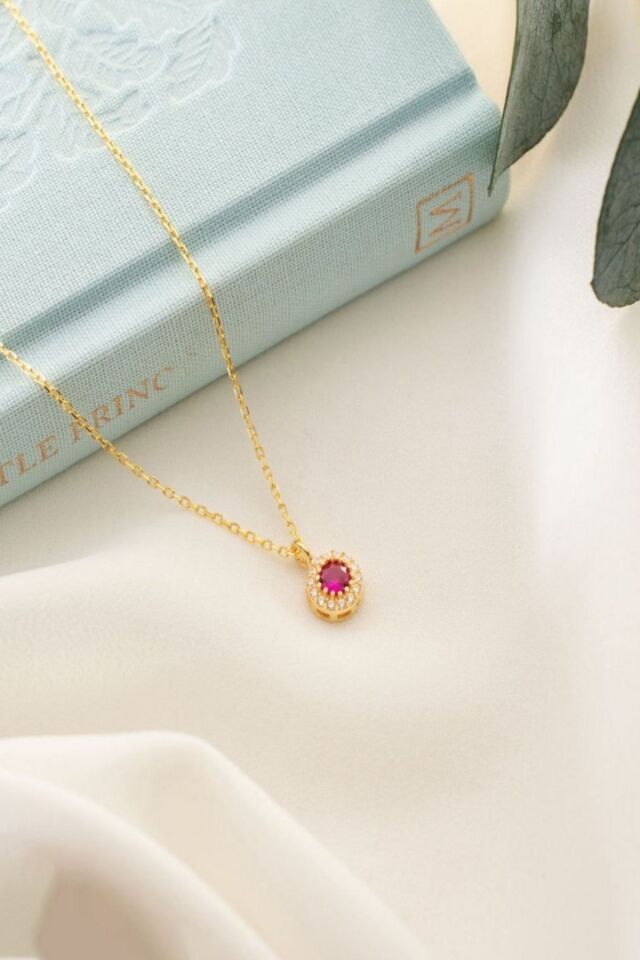925 Ayar Gümüş Temmuz Ayı Doğum Taşı ( Ruby ) Kolye Gold - Tek Ebat