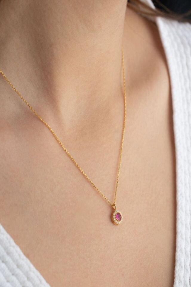 925 Ayar Gümüş Temmuz Ayı Doğum Taşı ( Ruby ) Kolye Gold - Tek Ebat
