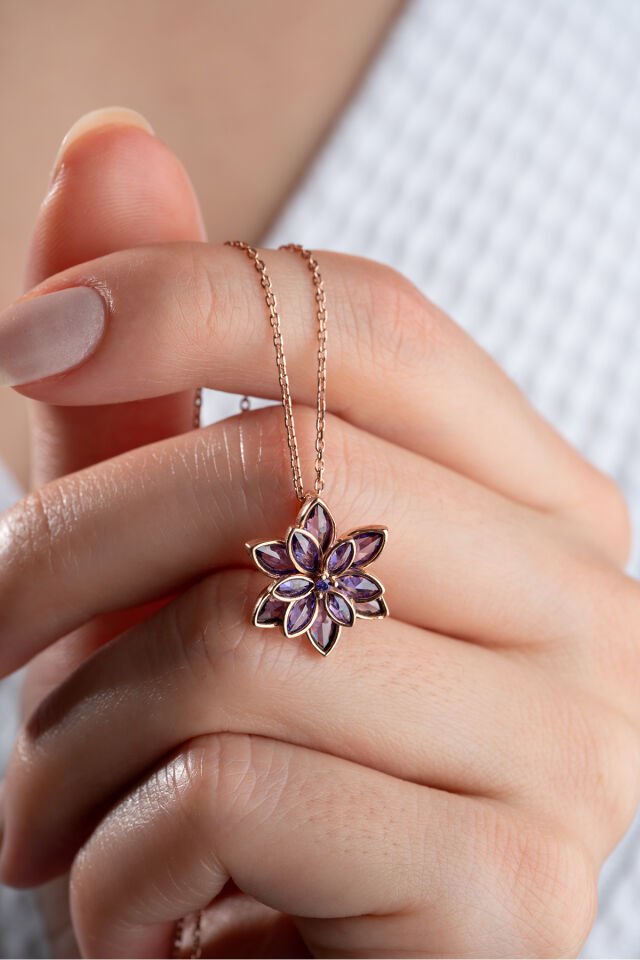 925 Ayar Gümüş Rose Mor Taşlı Lotus Kolye Rose - Tek Ebat