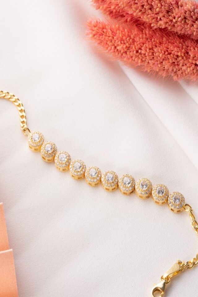 925 Ayar Gümüş Halka Taşlı Asansörlü Bileklik Gold - Tek Ebat