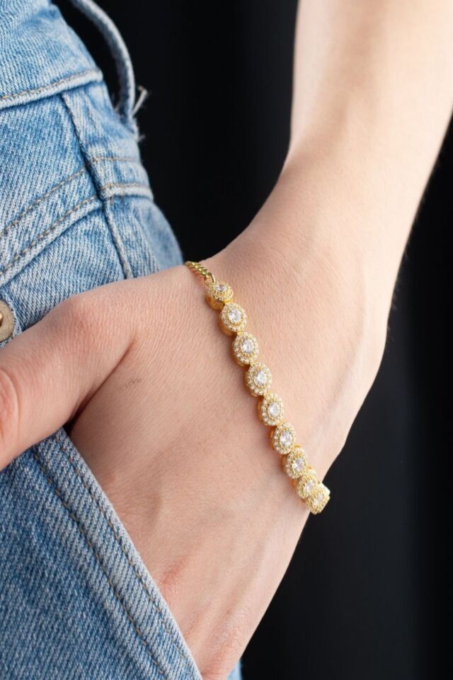 925 Ayar Gümüş Halka Taşlı Asansörlü Bileklik Gold - Tek Ebat
