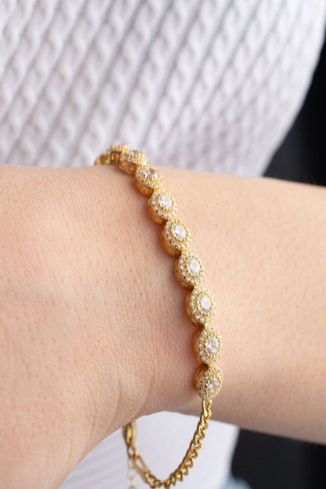 925 Ayar Gümüş Halka Taşlı Asansörlü Bileklik Gold - Tek Ebat