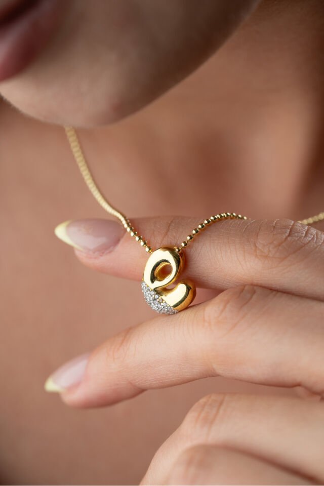 925 Ayar Gümüş Taşlı Harf Kolye Gold - Tek Ebat