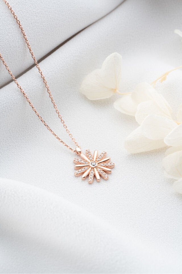 925 Ayar Gümüş Rose Zirkon Taşlı Çiçek Kolye Rose - Tek Ebat