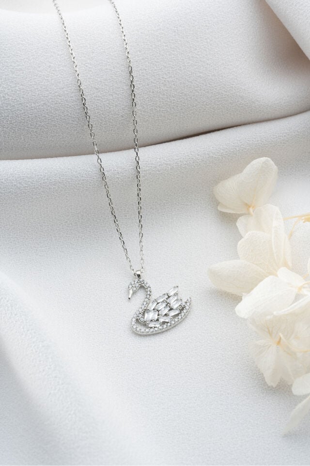 925 Ayar Gümüş Baget Taşlı Kuğu Kolye Silver - Tek Ebat
