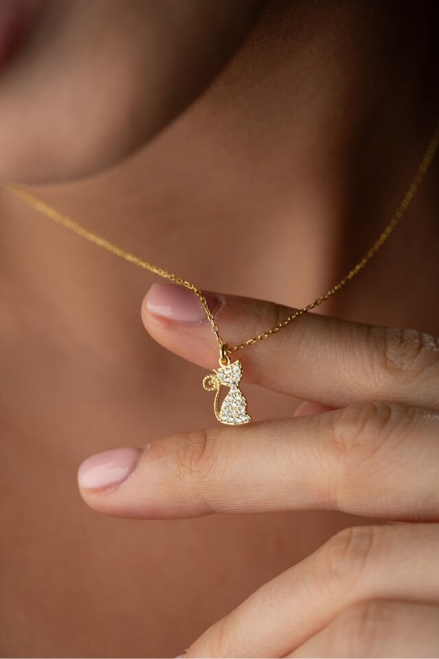 925 Ayar Gümüş Altın Kaplama Kedi Kolye