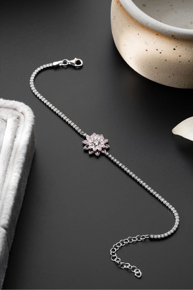 925 Ayar Gümüş Pembe Taşlı Lotus Su Yolu Bileklik