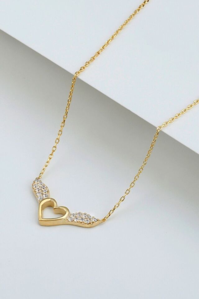 925 Ayar Gümüş Kanatlı Kalp Kolye Gold - 42 cm