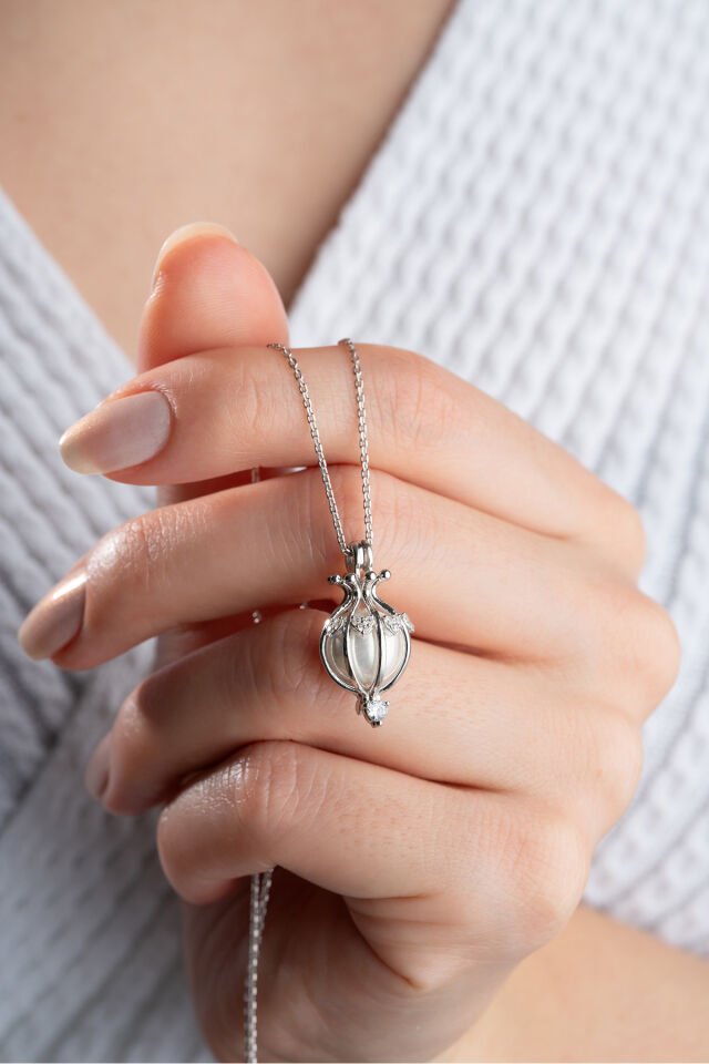 925 Ayar Gümüş Saklı İnci Kolye Silver - Tek Ebat