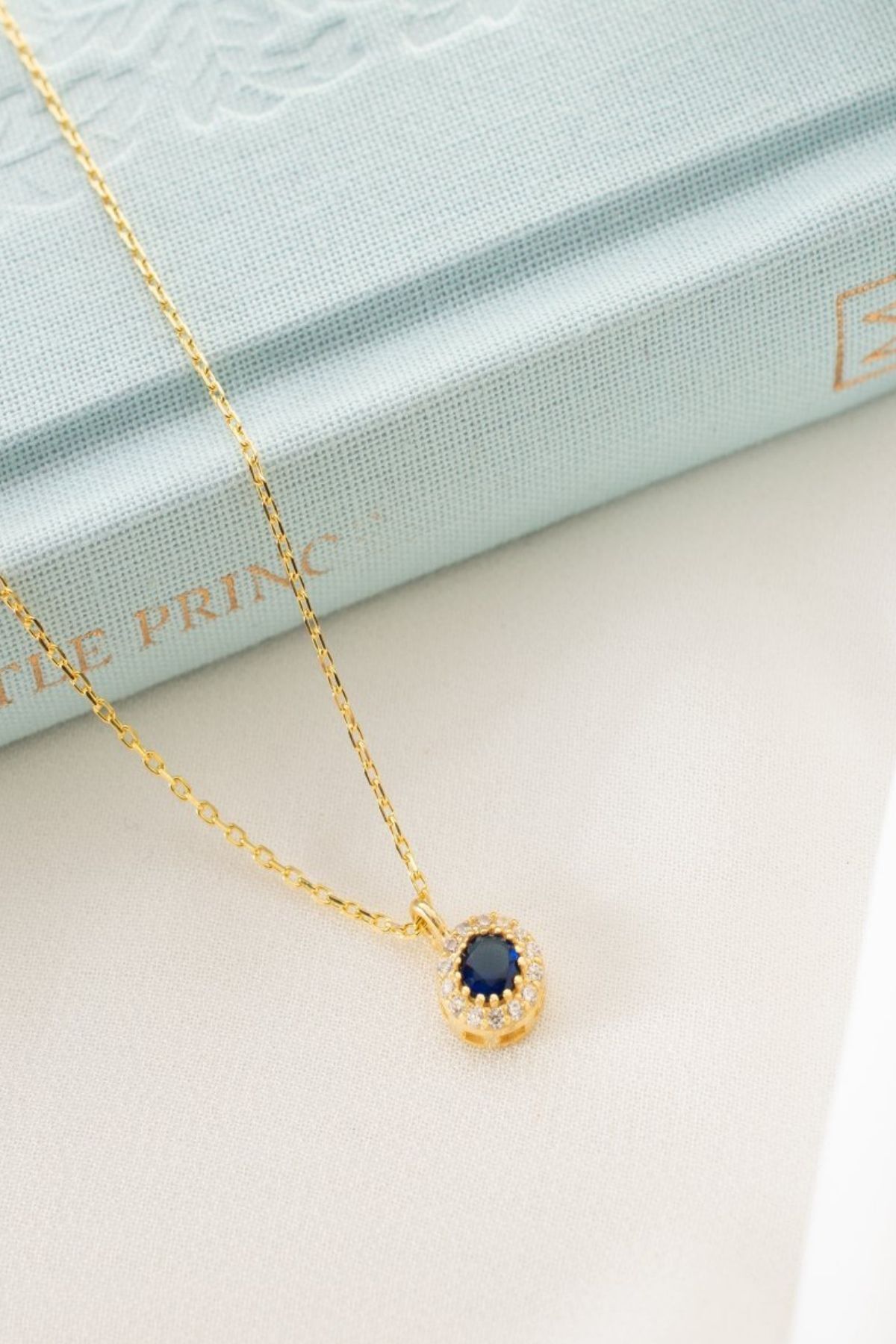 925 Ayar Gümüş Eylül Ayı Doğum Taşı ( Sapphire ) Kolye Gold - Tek Ebat