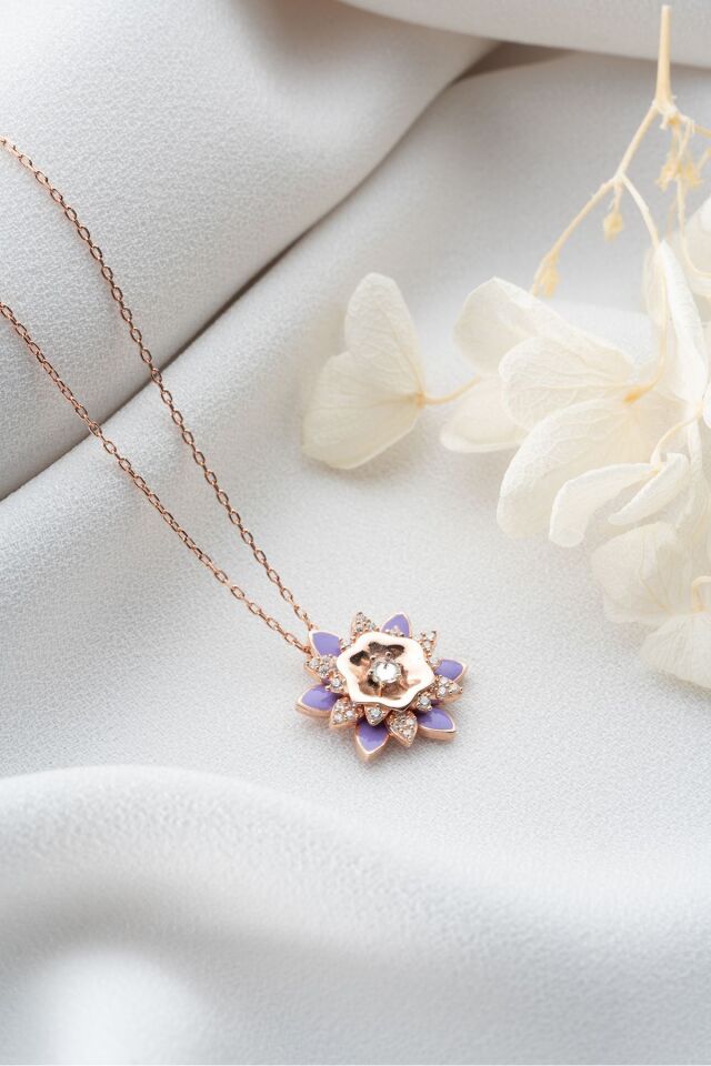 925 Ayar Gümüş Mor Mineli Lotus Çiçeği Kolye Rose - Tek Ebat