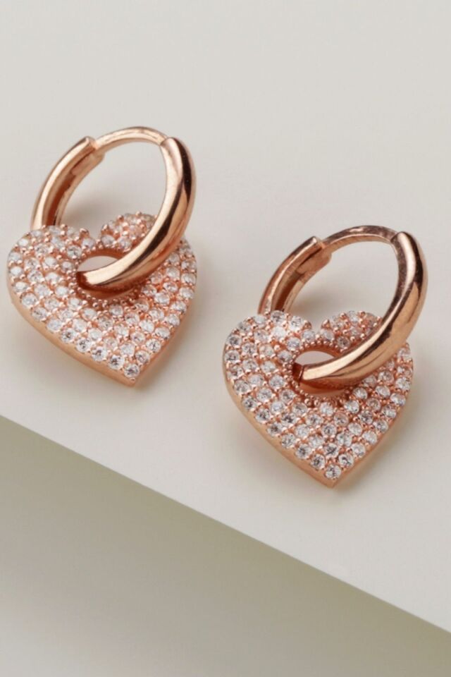 925 Ayar Sallantılı Kalp Rose Gümüş Küpe Rose - 2,5 cm