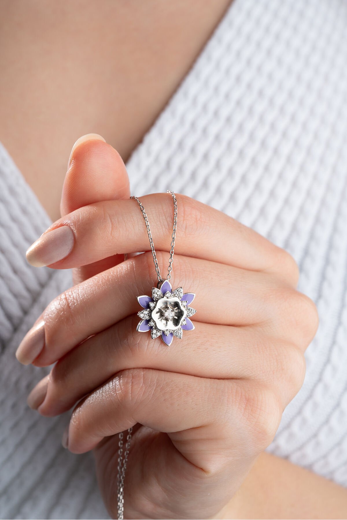 925 Ayar Gümüş Mor Mineli Lotus Çiçeği Kolye Silver - Tek Ebat