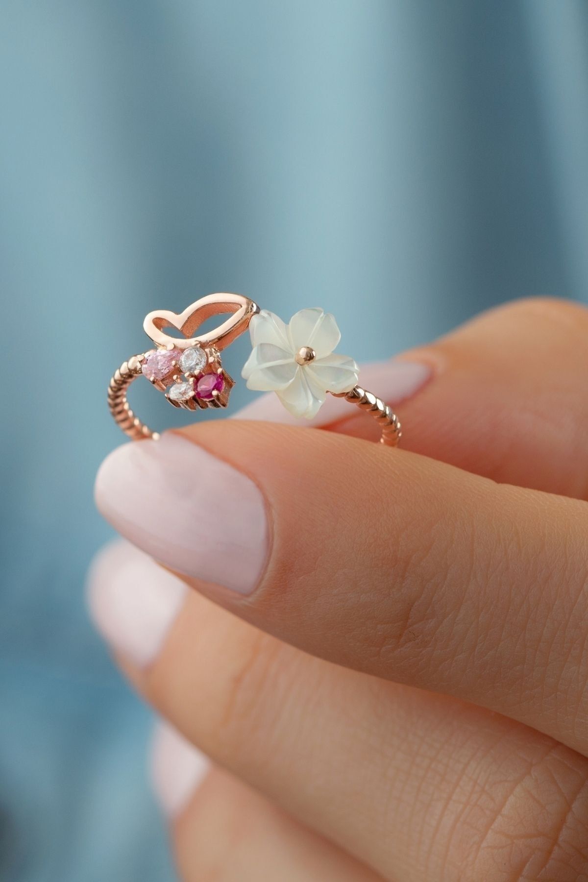 925 Ayar Rose Gümüş Kelebek Sedefli Yüzük Rose - Tek Ebat