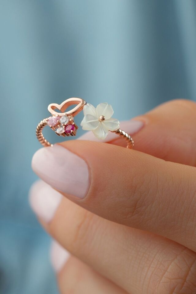 925 Ayar Rose Gümüş Kelebek Sedefli Yüzük Rose - Tek Ebat