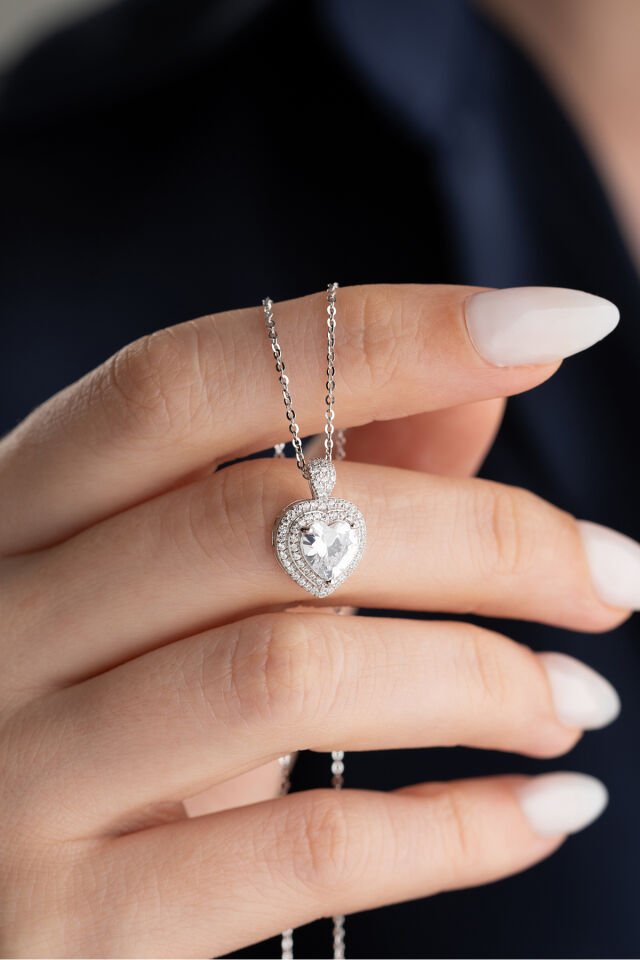 925 Ayar Gümüş Zirkon Taşlı Kalp Kolye Silver - Tek Ebat