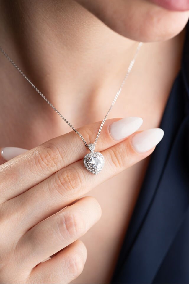 925 Ayar Gümüş Zirkon Taşlı Kalp Kolye Silver - Tek Ebat