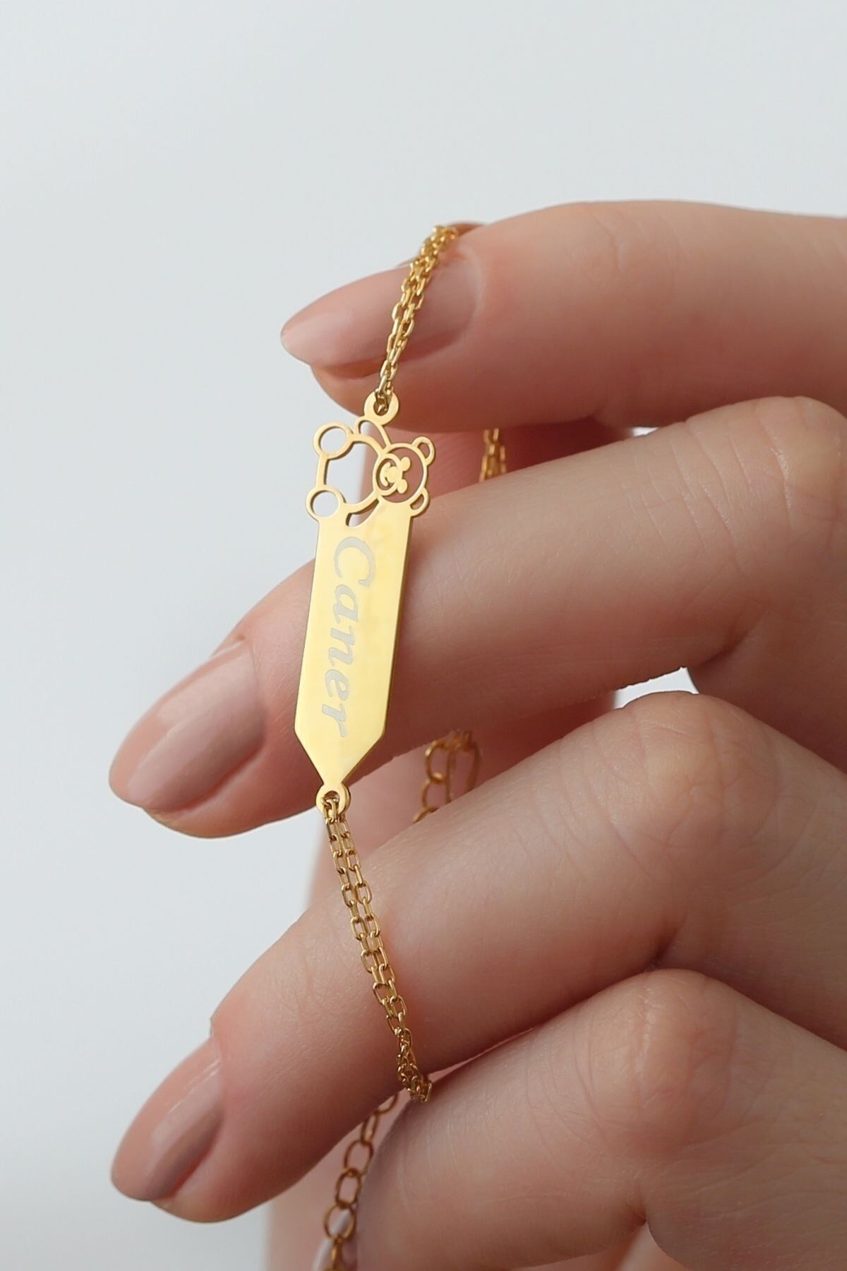 925 Ayar Gümüş Isimli Ayıcıklı Çocuk Bilekliği Gold - Tek Ebat