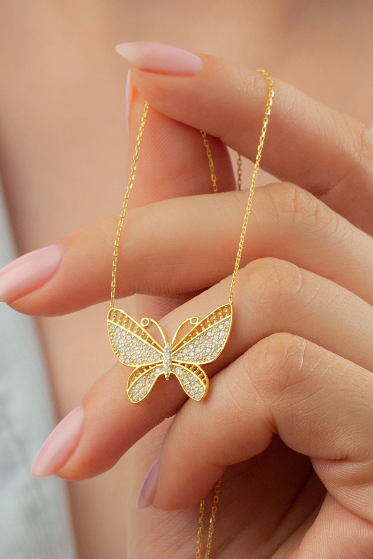 925 Ayar Gümüş Gold Kelebek Kolye Gold - Tek Ebat