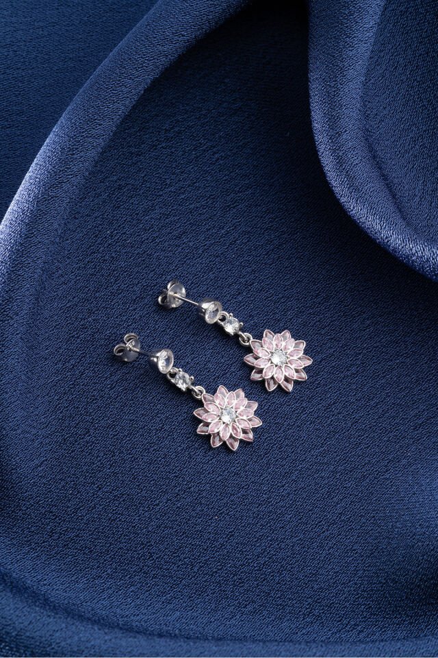 925 Ayar Gümüş Pembe Tektaşlı Lotus Küpe