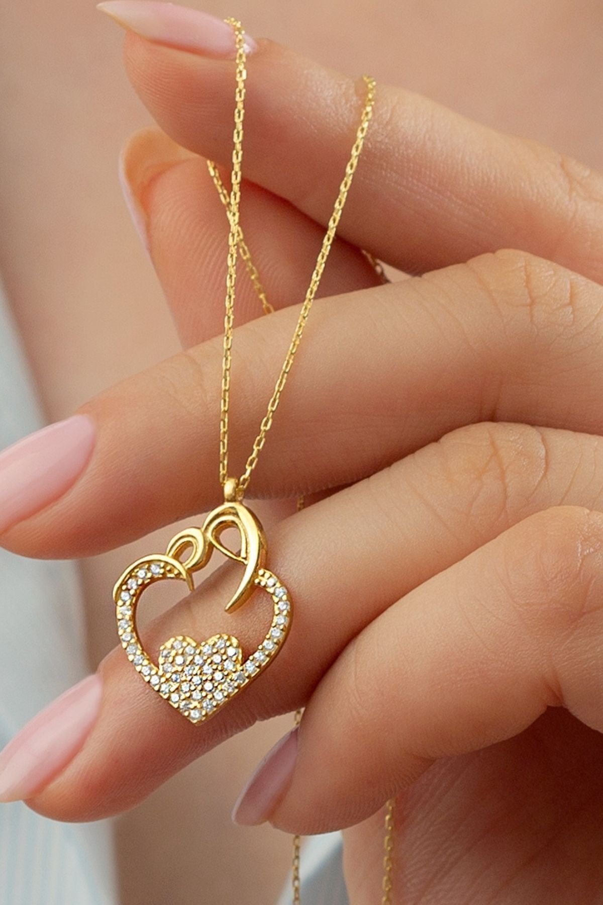 925 Ayar Gümüş Gold Kalp Kolye Gold - Tek Ebat