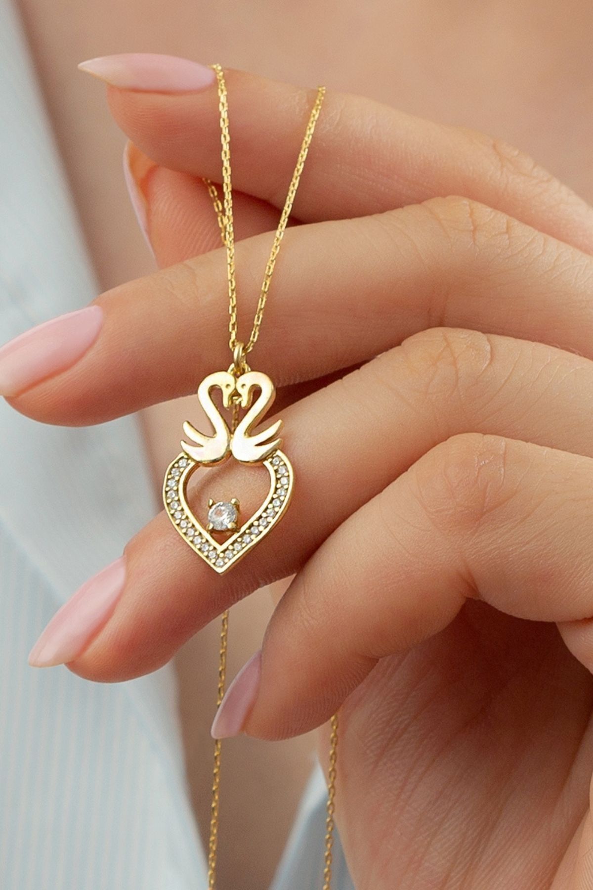925 Ayar Gümüş Gold Kuğu Kolye Gold - Tek Ebat