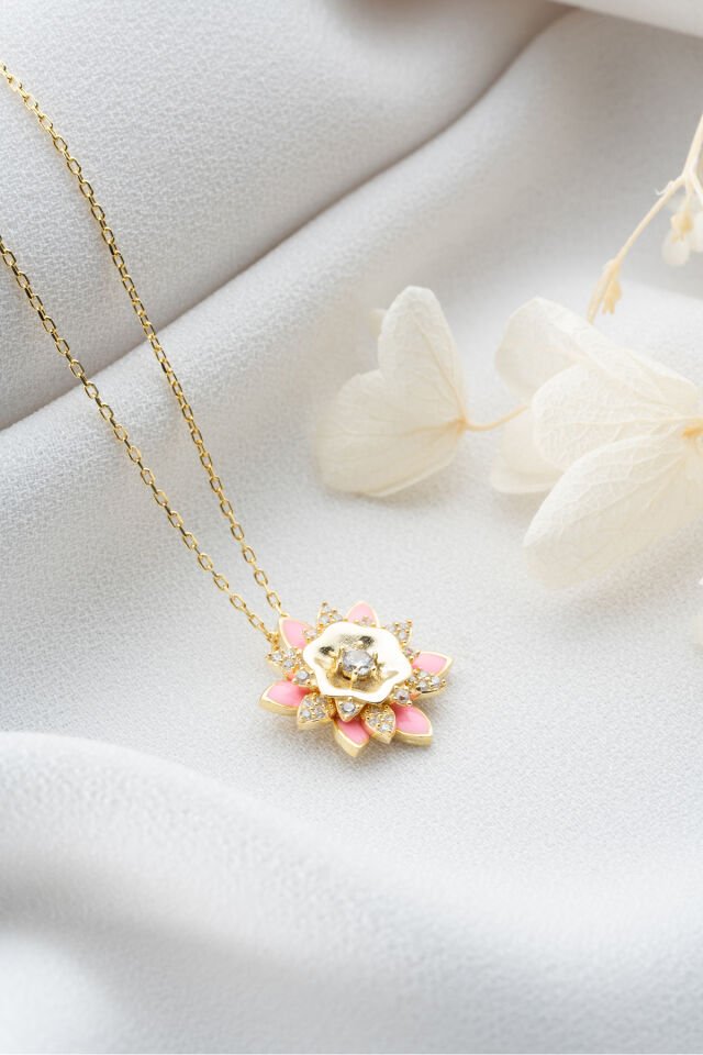 925 Ayar Gümüş Pembe Mineli Lotus Çiçeği Kolye Gold - Tek Ebat