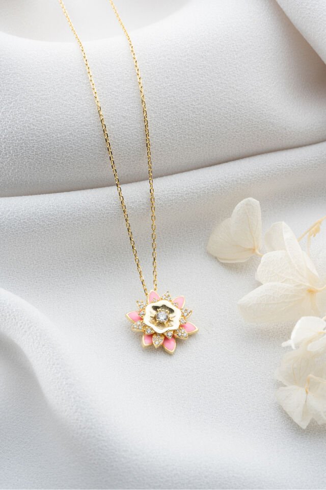 925 Ayar Gümüş Pembe Mineli Lotus Çiçeği Kolye Gold - Tek Ebat