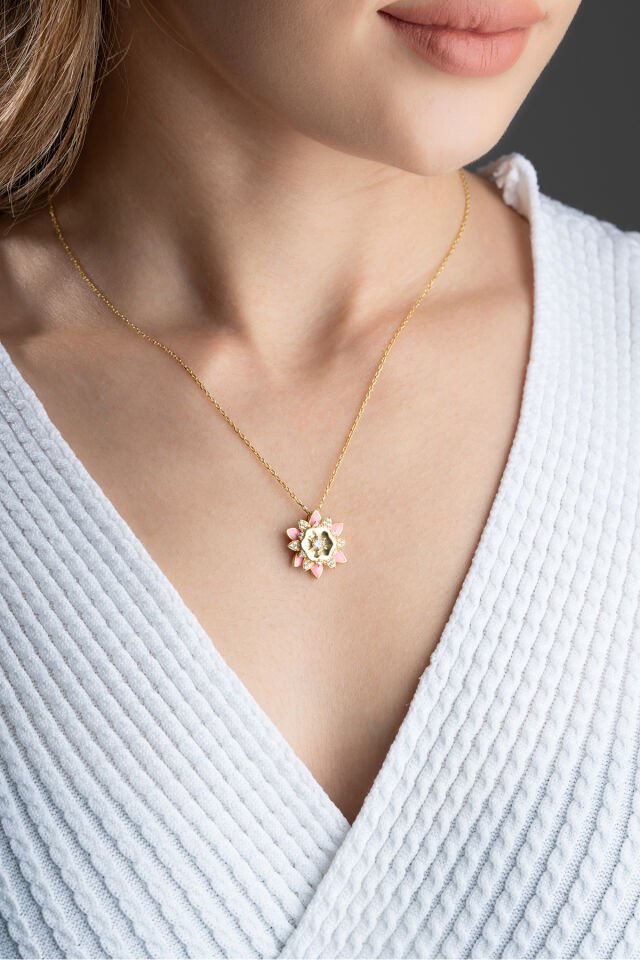 925 Ayar Gümüş Pembe Mineli Lotus Çiçeği Kolye Gold - Tek Ebat
