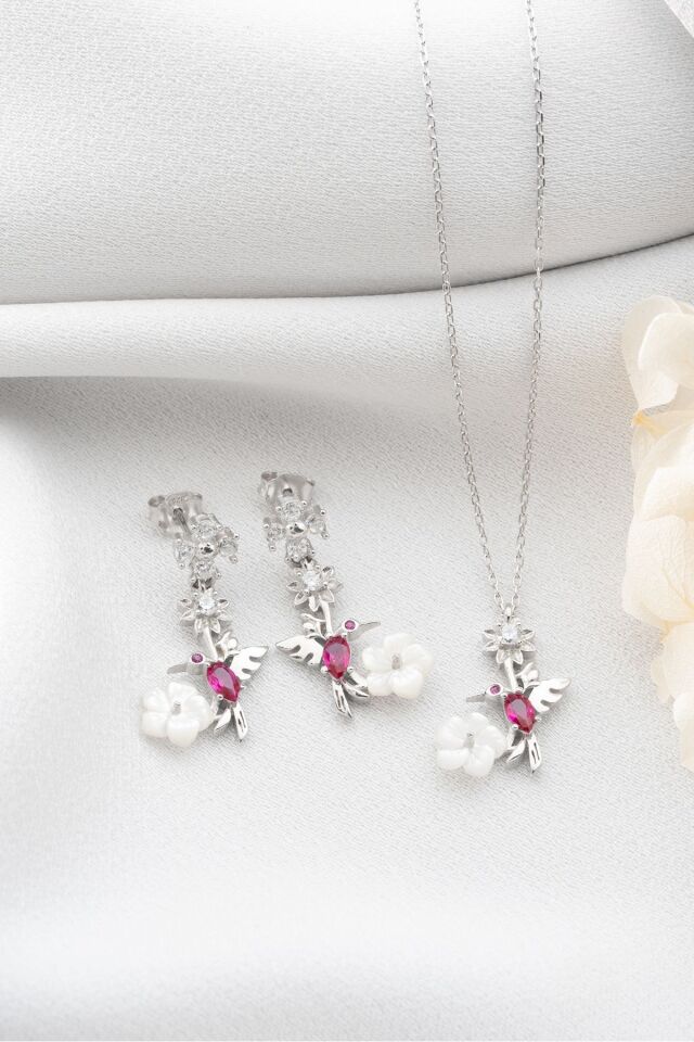 925 Ayar Gümüş Sedefli Arı Kuşu Kolye Küpe Seti