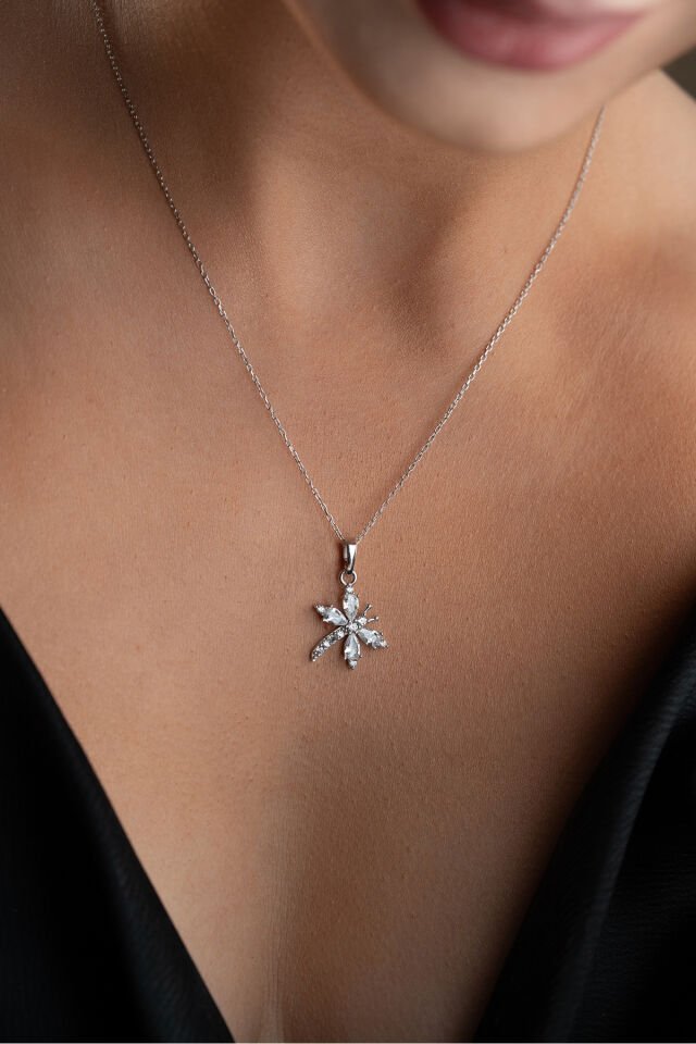 925 Ayar Gümüş Zirkon Taşlı Yusufçuk Kolye Beyaz - 45 cm