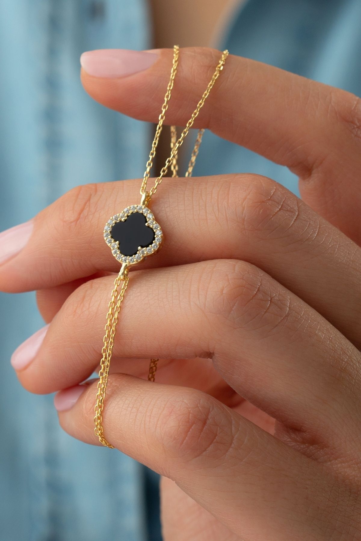 925 Ayar Gümüş Siyah Yonca Bileklik Gold - Tek Ebat