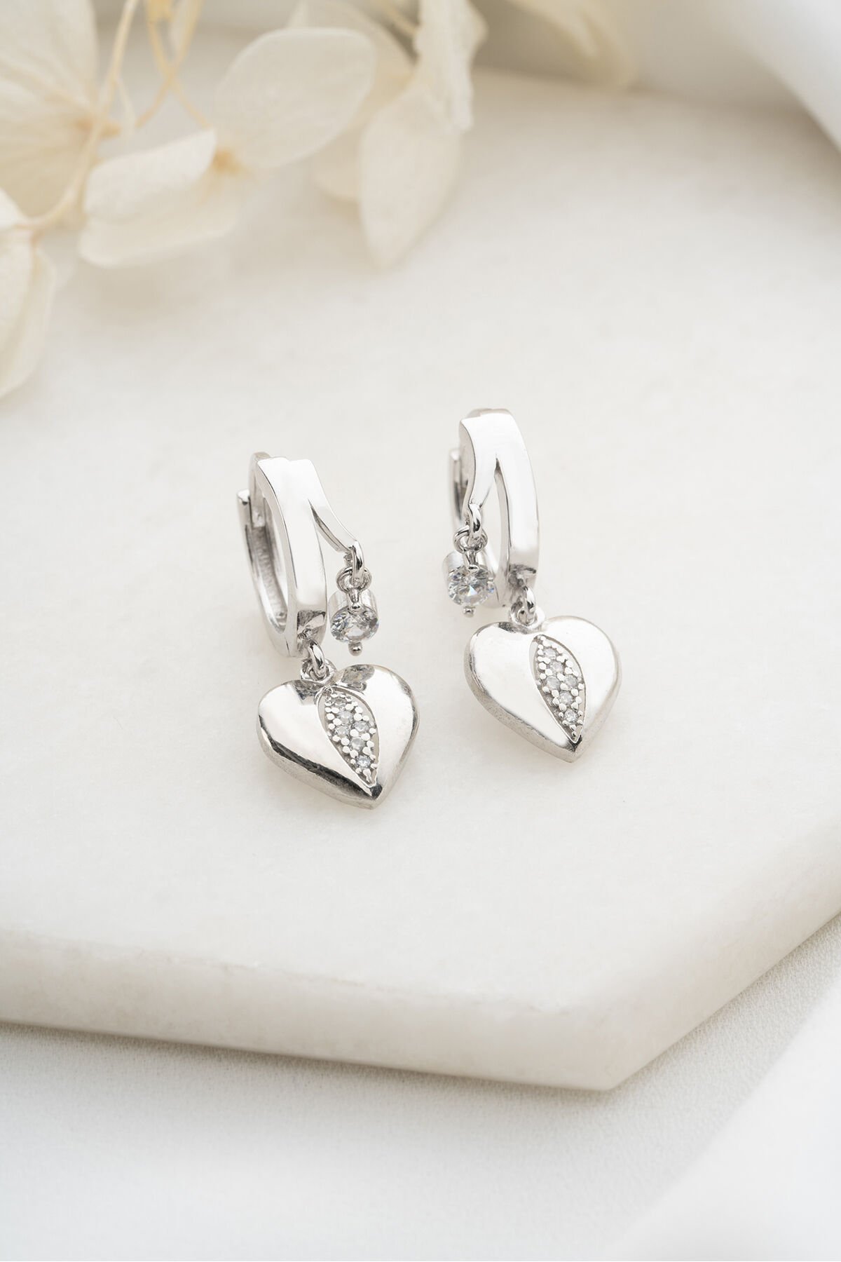 925 Ayar Gümüş Çift Taşlı Kalp Küpe Silver - Tek Ebat